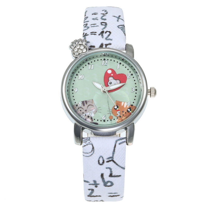 여자 귀여운 고양이 패턴 키즈 하트 시계 여성 심플 캐주얼 쿼츠 시계 숙녀 패션 손목 시계 어린이 시계 최고의 선물