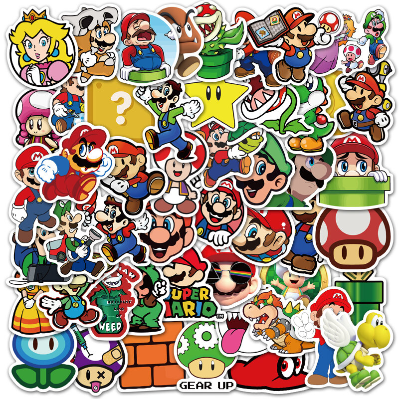 Autocollants de personnages de dessin animé Super Mario, 10/25/50 pièces, décoration pour ordinateur portable, casque, tasse d'eau, réfrigérateur, guitare, Skateboard, Diy bricolage