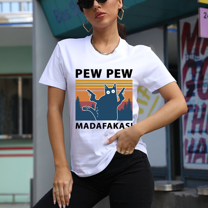 Pew pew madafakas impressão camisetas femininas verão 2020 camisetas gráficas camisas engraçadas para mulher tshirts solto tripulação pescoço harajuku topos