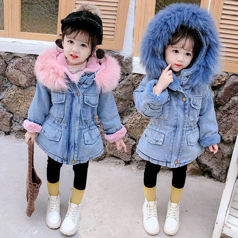 Inverno do bebê da menina denim jaqueta mais pele quente da criança menina outerwear pelúcia denim jaqueta de algodão 1-5 anos crianças infantil menina parka