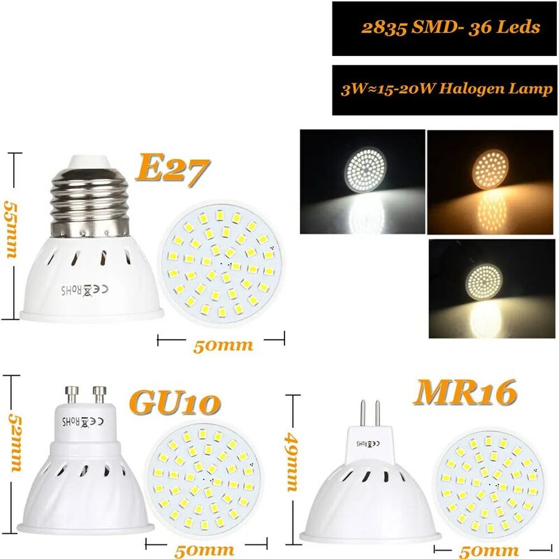 Chip SMD 2835 DE ALTO lúmenes, 36, 54, 72 LED, sin parpadeo, 4W, 6W, 8W, E27, MR16, GU10, CA/CC, 12V, 24V