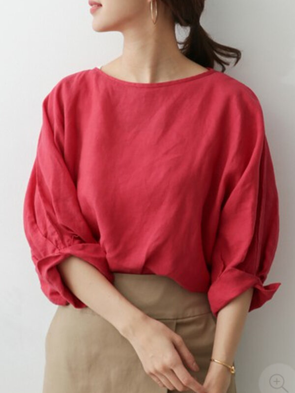 Koreański styl 2020 kobiet lato solidna O-Neck czerwony trzy czwarte Casual zwykła bluzka minimalistyczny biuro topy damskie Retro