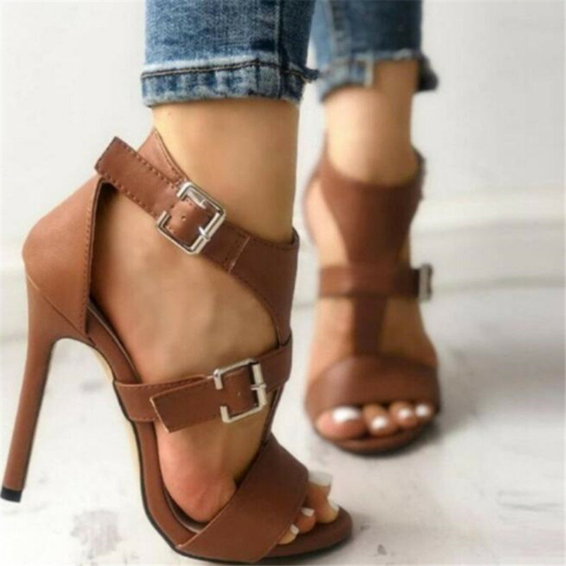 Women Sandals Summer Gladiator Fine High Heels Leather Peep Toes Ankle Buckle Strap Woman Party Shoes Black Sandalia Mujer 2020