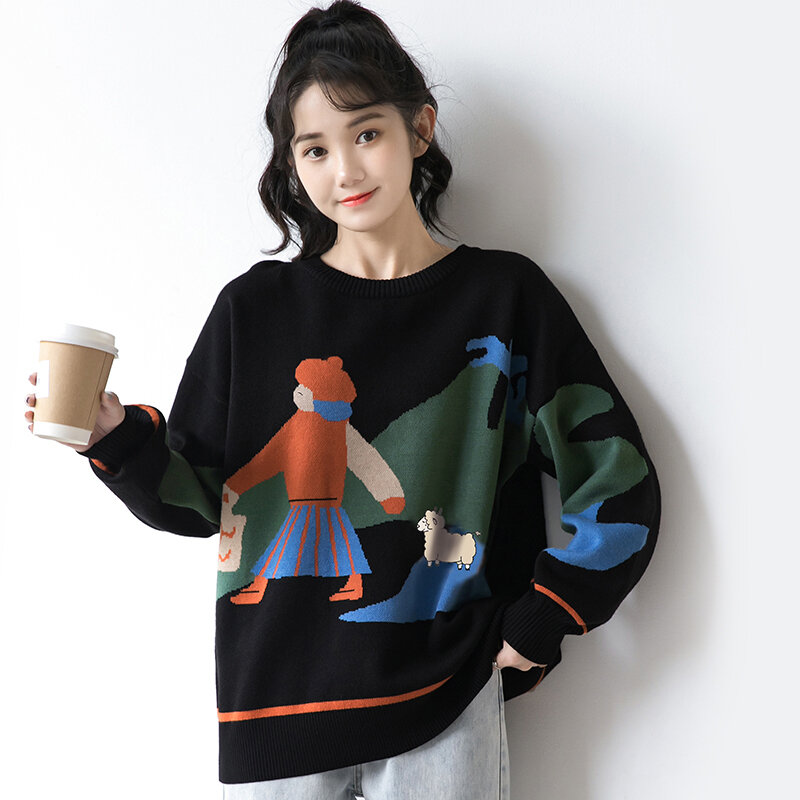 2021 New Lazy Wind Loose Pullover Outer Wear Fashionable Long Sleeve Spring and Autumn Black Knitted Top for Women