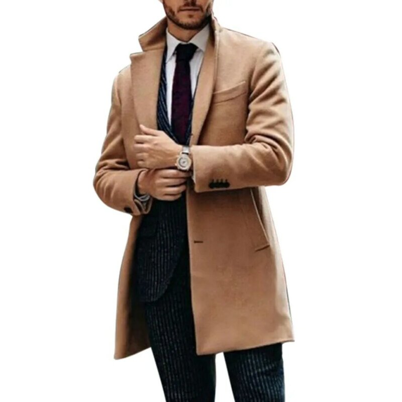 Мужское Однотонное шерстяное пальто, однобортное пальто с длинным рукавом и лацканами для осени и зимы, 2021