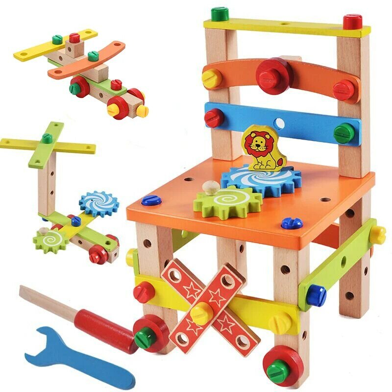 Kids Wooden Educational Toys Assembling Chair Toy Multifunctional Screw Nut Combination Chair DIY Repair Tool Boy Toy