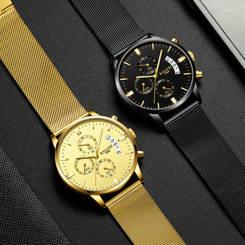 Relógio esportivo masculino com três olhos, relógio de pulso de aço com pulseira de metal resistente à água e luminoso, multifuncional