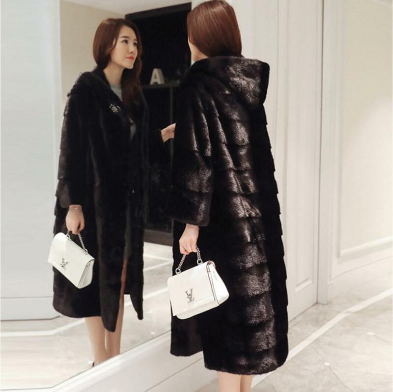 Womens longa seção imitação de pele outwears preto com capuz falso vison casacos de pele inverno outono moda faux peles jaquetas k1220
