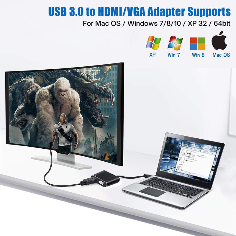 2 in 1 USB 3.0 Hub to HDMI-compatible VGA Adapter 1080P Multi-Display USB to Converter for Windows 7/8/10 OS PC Accessories