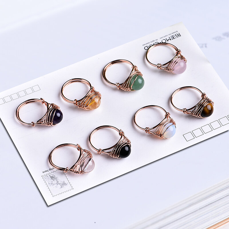 1Pc Mooie Mode Natuurlijke Kristallen Ring Rozenkwarts Amethist Sieraden Quartz Crystal Party Sieraden Diy Gift Paar Sieraden