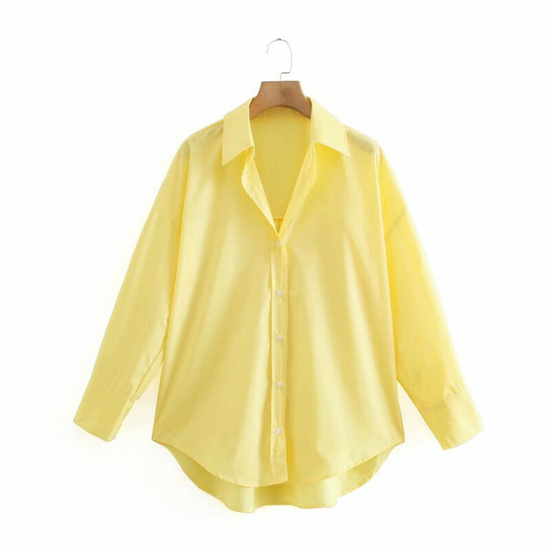 ZA-Camisa de popelina de manga larga para mujer, camisa holgada asimétrica de talla grande, con botones, color azul, amarillo y rosa, para primavera, 2021
