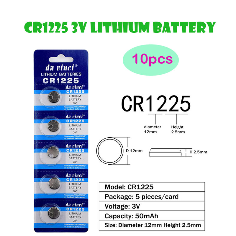 CR1225 10Pcs=2Card Lithium 3V  Button Battery 50mAh  LM1225 BR1225 KCR1225  Cell Cion Batteries For Watch Electronic Toy Remote