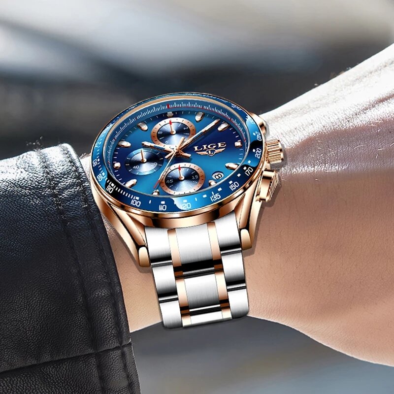 Часы наручные LIGE Мужские кварцевые, роскошные брендовые водонепроницаемые спортивные с большим циферблатом, с хронографом, 2021