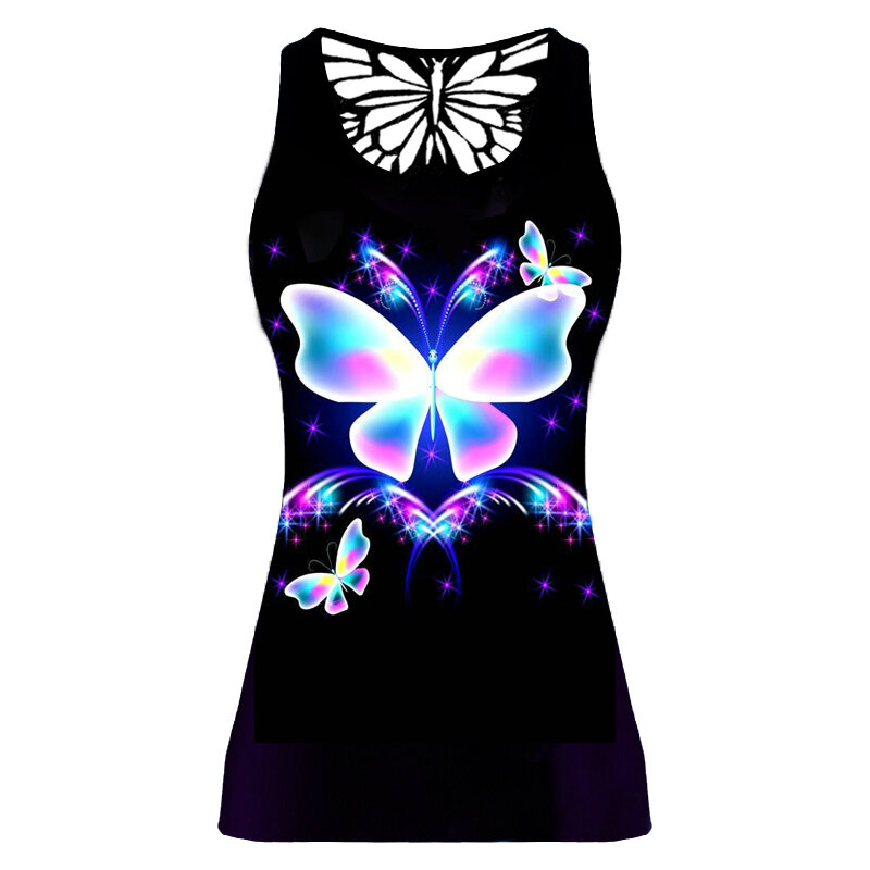 Plus Größe Grafik Druck Tank Tops für Frauen Aushöhlen Schmetterling Ärmel Bodycon T Shirts Dame Casual Y2K Sommer Kleidung