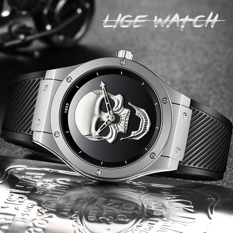LIGE メンズウォッチの新スカル腕時計メンズミリタリースポーツ腕時計メンズ防水ステンレススチールゴールドクォーツ時計