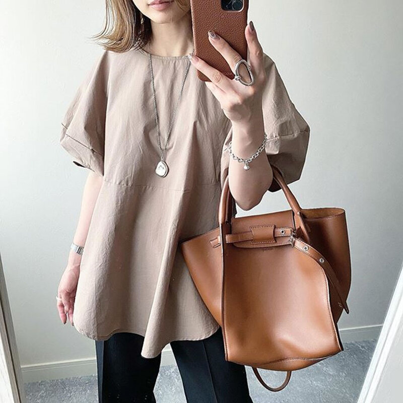 2021 Summer New Women's Blouse Lantern Sleeve Solid Color Temperament Commute Round Neck Summer Casual Korean Fashion