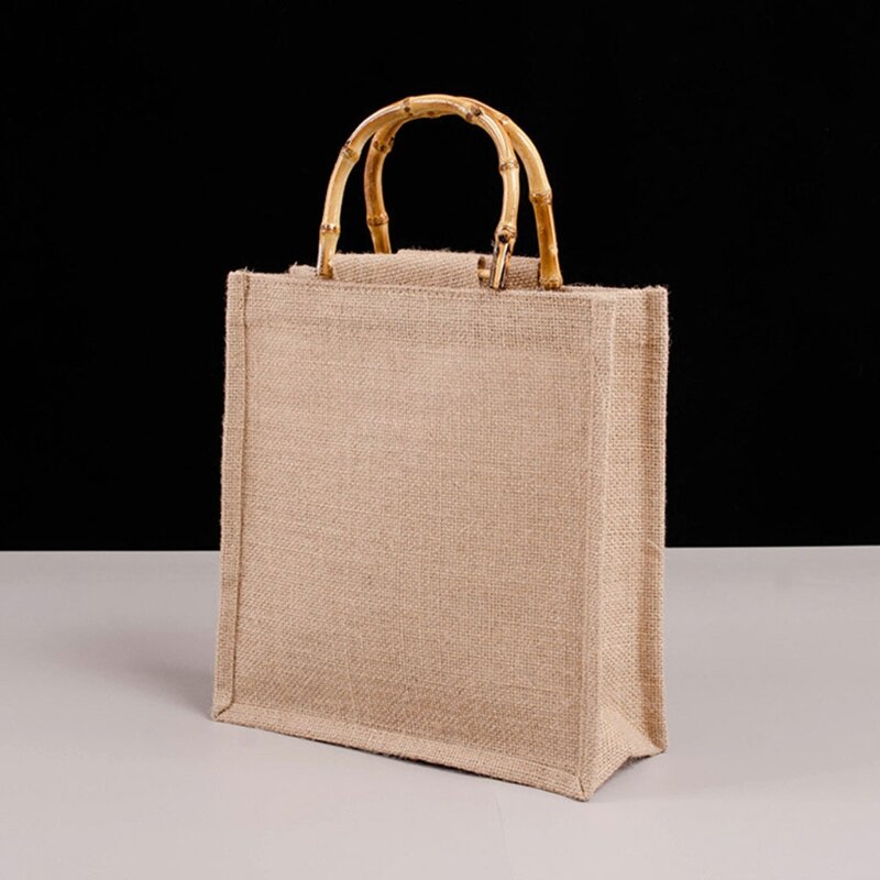 Saco de compras de juta de serapilheira portátil bolsa de bambu alças de loop reutilizável tote sacos de mercearia para meninas femininas