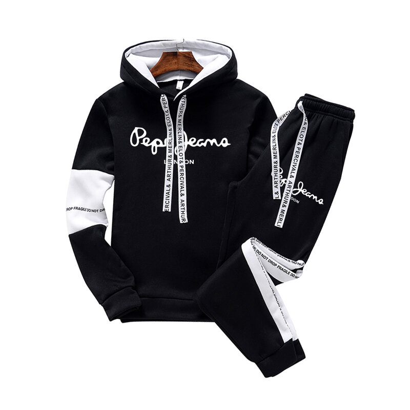 Men's Pepe Print Tracksuit Warm Letter Printing Casual Long Sleeve Hoodie Oversize Sweater Top and Sweatpant Tracksuit Outfit