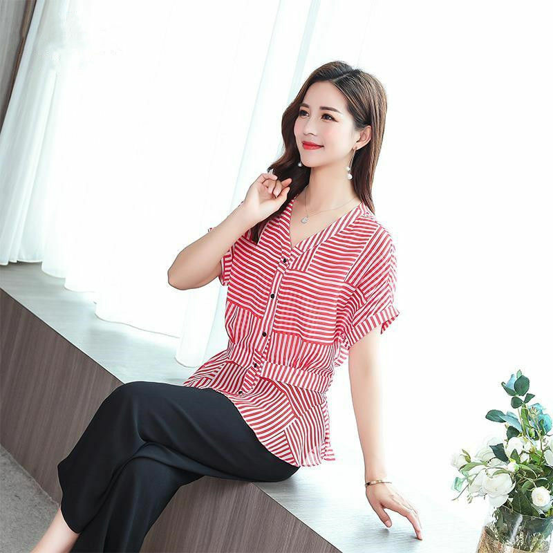 2021 Women Spring Summer Style Chiffon Blouses Shirt Lady Casual Short Sleeve V-Neck Striped Women's Casual Loose Tops