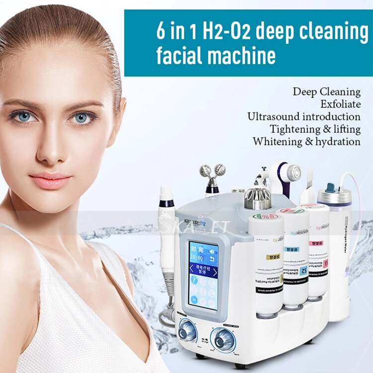 Machine de beauté pour le visage 6 en 1, appareil de raffermissement de la peau, hydratant, BIO-ultrasonique, RF, Microderma, Peeling, eau et oxygène