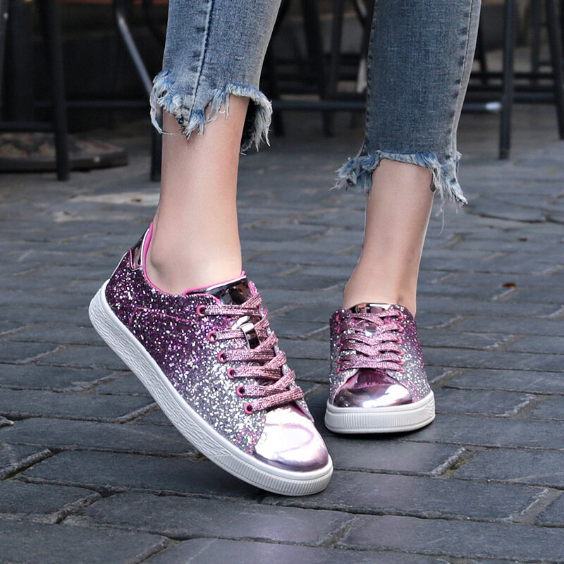 Sepatu Vulkanisasi Wanita Sepatu Bling Sneakers Gadis Glitter Sepatu Olahraga Luar Ruangan Renda Sejuk Wanita Kasual untuk Wanita