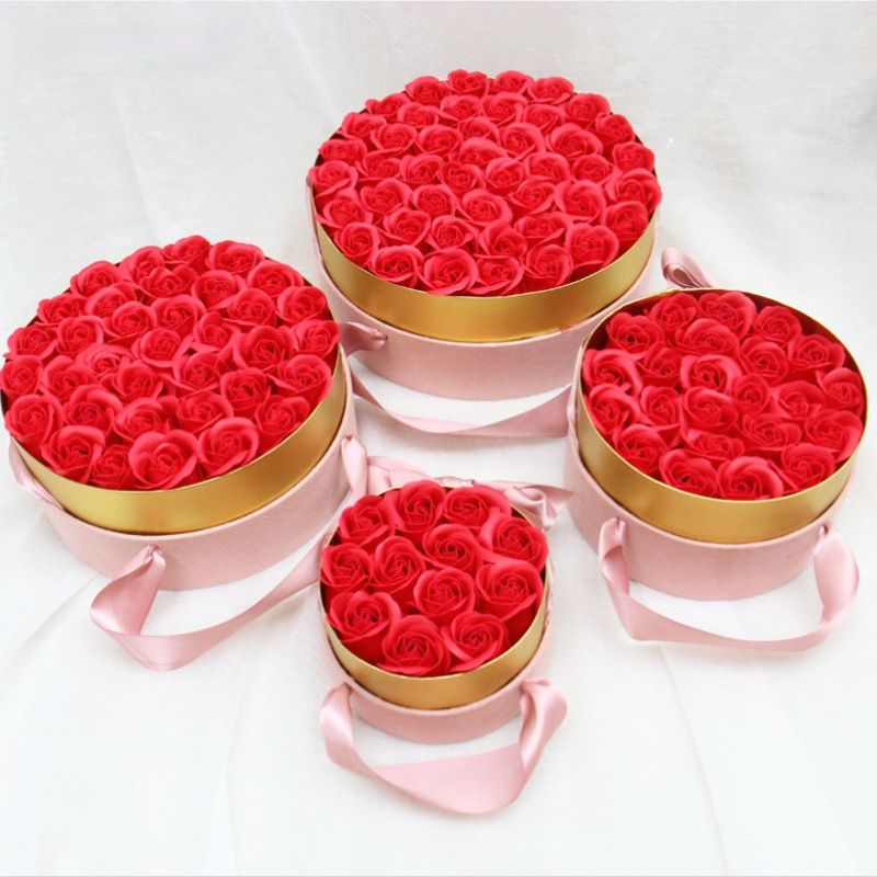 Caixa de presente redonda de veludo com sabão em forma de flor, fita portátil para casamento, lembrança do dia dos namorados e das mães