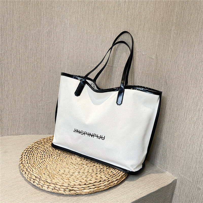 Ladies Fashion Large Capacity Pure Color Single Shoulder Handbag Casual Letter Print Canvas Bag Shopping Travel Mobile Tote Bag