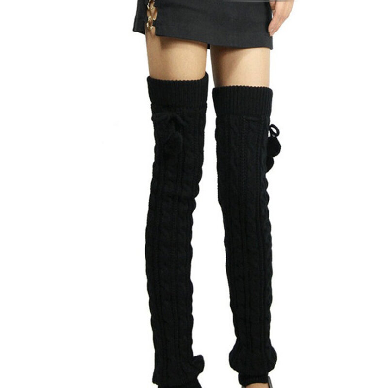 Moda lã tricô seção longa joelho manga meias leggings quente feminino malha torção pompom senhora inverno lazer perna protetor