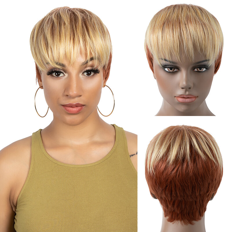 Synthetische Korte Pixie Cut Haar Afro Pruik Met Bang Voor Zwarte Afrikaanse Vrouwen Glad Hoge Qulaity Blond Bruin Natuurlijke Cosplay goedkope