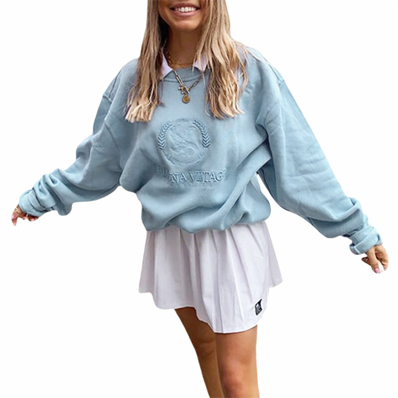 Sweter Wanita Musim Gugur Kasual Lengan Panjang Mode Sulaman Huruf Longgar Pullover Kaus