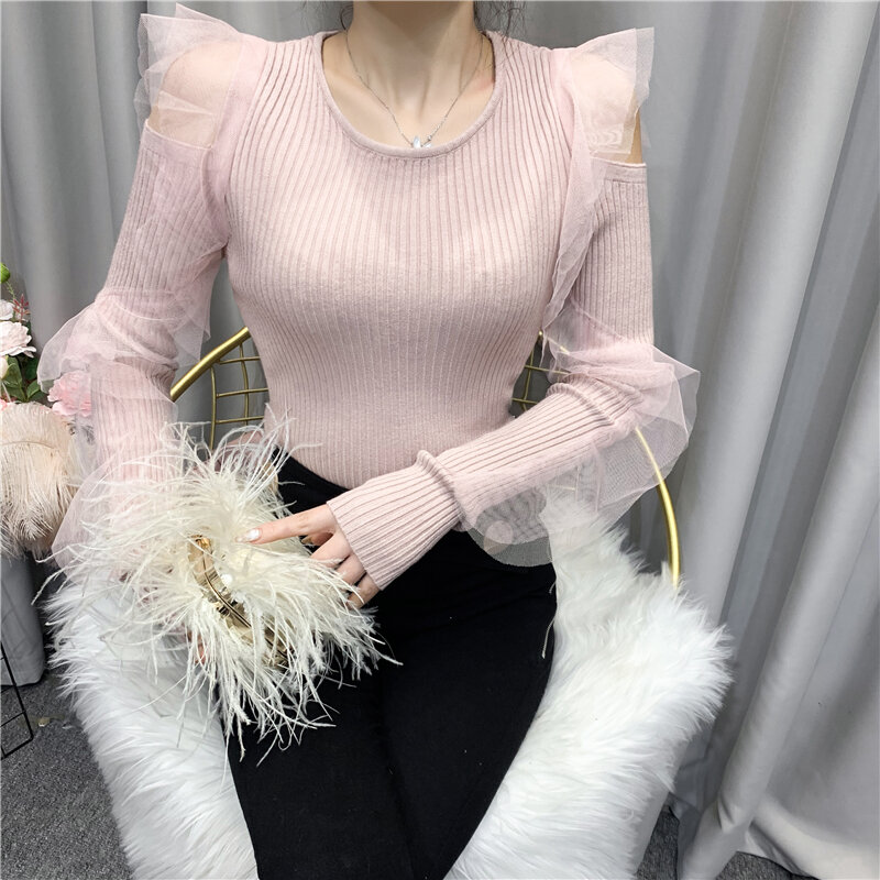 Autumn new fashion mesh stitching long-sleeved slim slim knit sweater