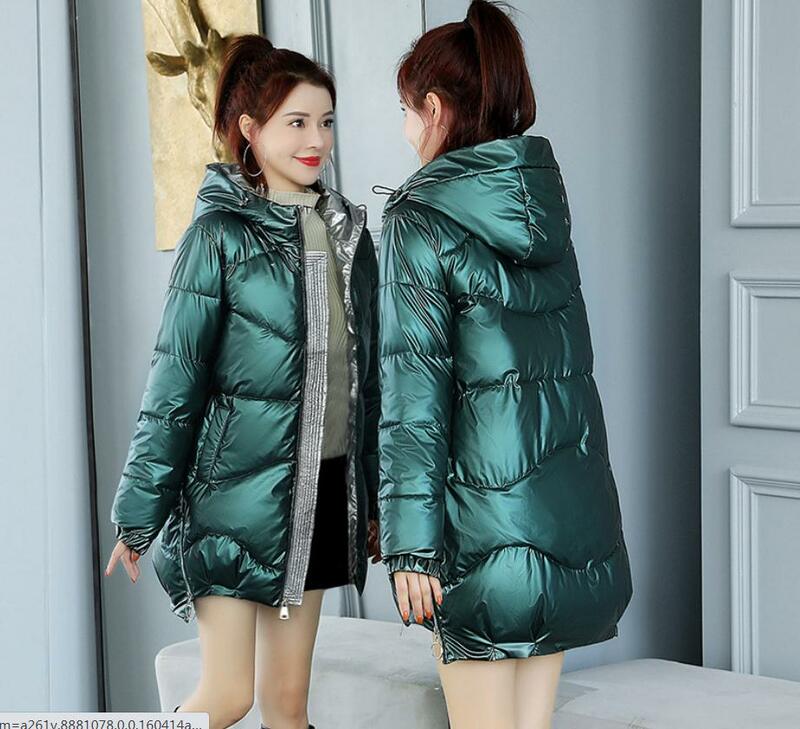 Casacos almofadados de algodão brilhantes, jaquetas com capuz seção longa da moda, parcas femininas de tamanho grande k1394 para inverno e outono