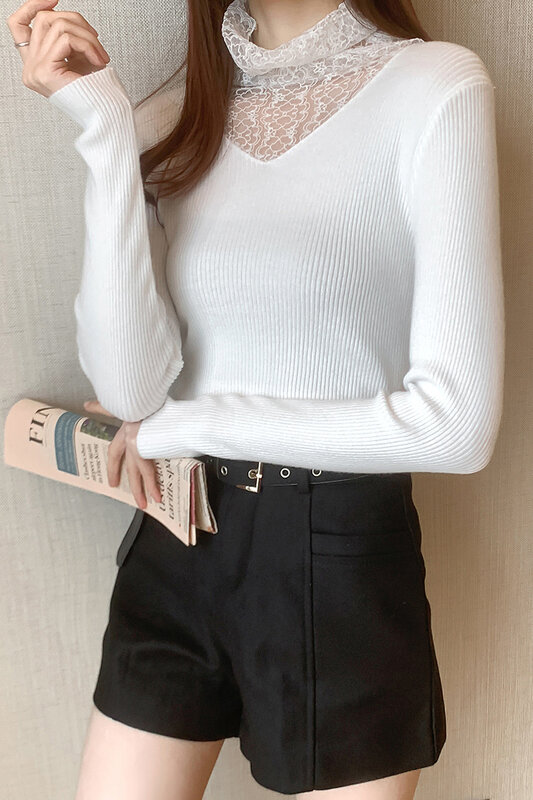 Suéter harajuku coreano de color liso para mujer, Jersey ajustado de manga larga, Camiseta de cuello alto para mujer 2020