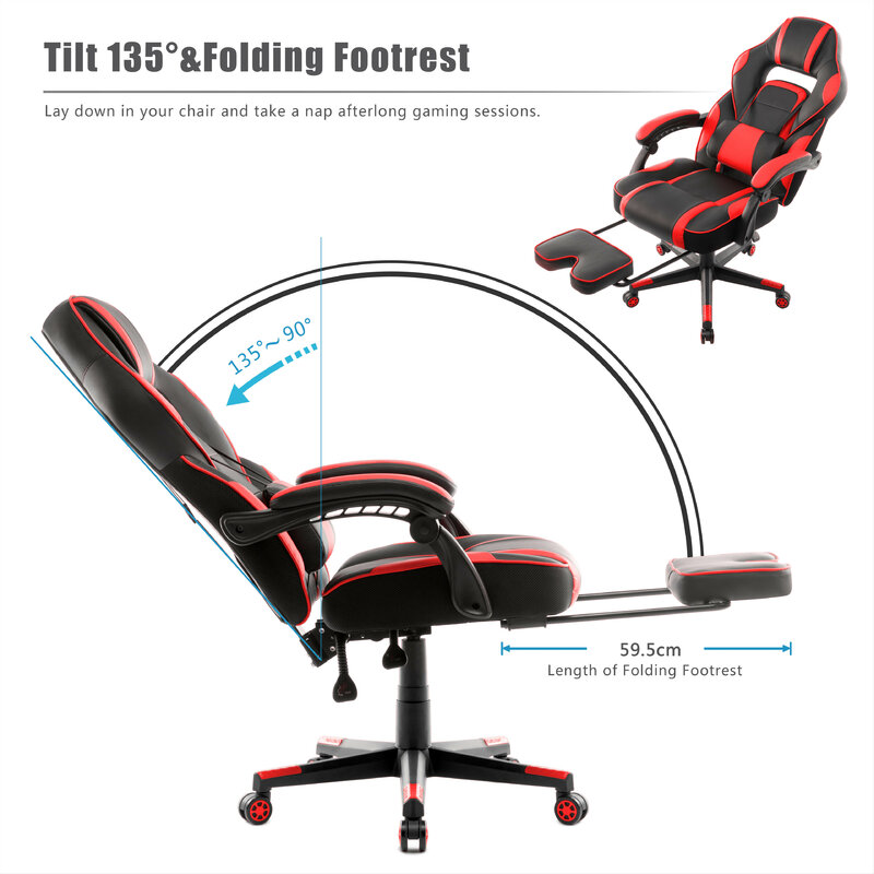 Chaise de bureau ergonomique pour gaming, avec repose-pieds pliable, coussin lombaire confortable, pour le travail