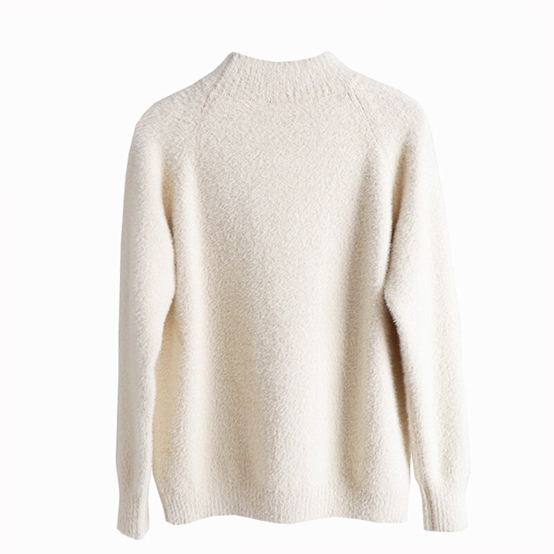 Outono inverno branco camisola feminina plush solto malha pulôver grosso quente mock pescoço manga longa casual feminino natal C-181