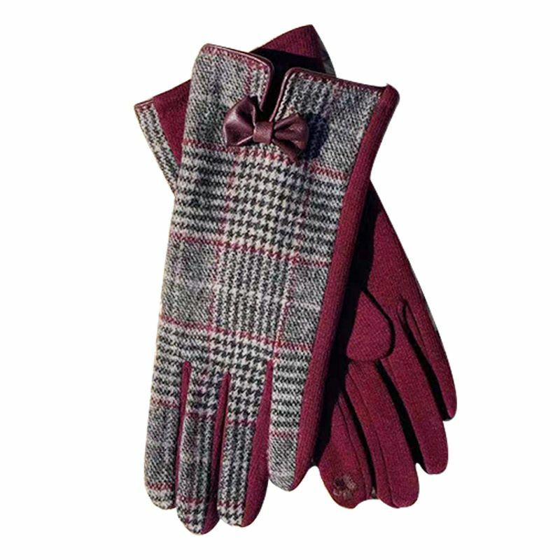 Gants d'hiver en velours pour femmes, à la mode, petit nœud, doigt complet, Plaid, chaud, gants de conduite élégants pour dames