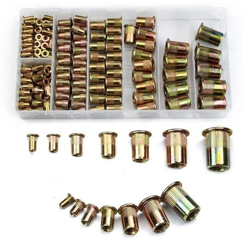 Écrous de Rivet en acier au carbone, boîte de 210/165/100 pièces, M3 M4 M5 M6 M8 M10 M12, écrous à tête plate, ensemble de pièces de quincaillerie