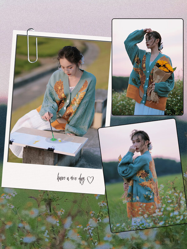 Весна 2022, Женский винтажный свободный художественный свитер с ручной росписью