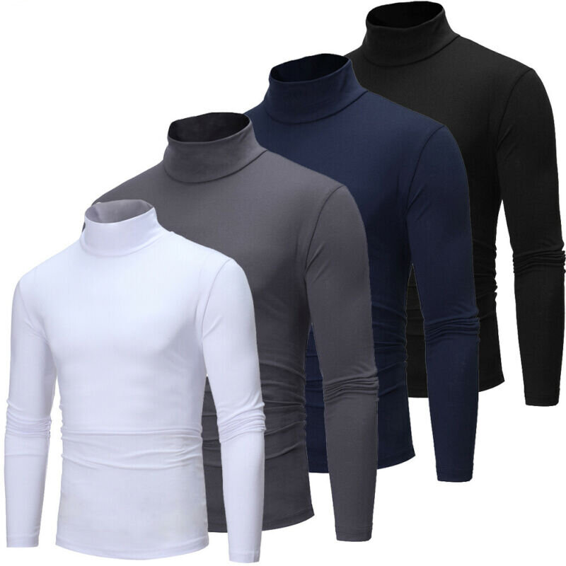 Camiseta de algodão de manga comprida, camiseta masculina de gola alta com elástico slim básica, novo pulôver de gola de tartaruga em rolo