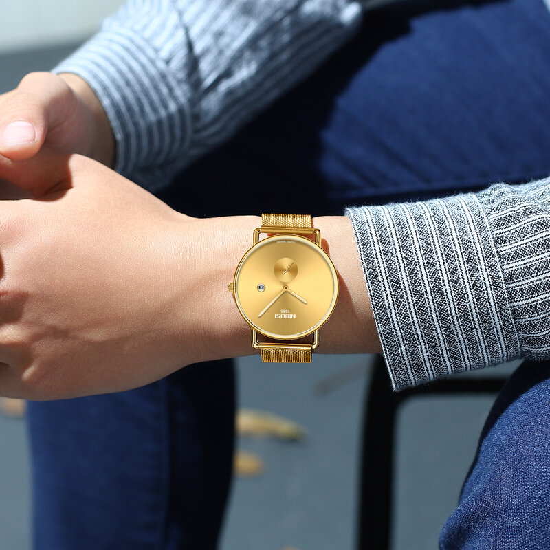 NIBOSI-Reloj de pulsera sencillo para hombre, cronógrafo de cuarzo fino, deportivo, militar, de malla, resistente al agua, color azul y dorado, 30m