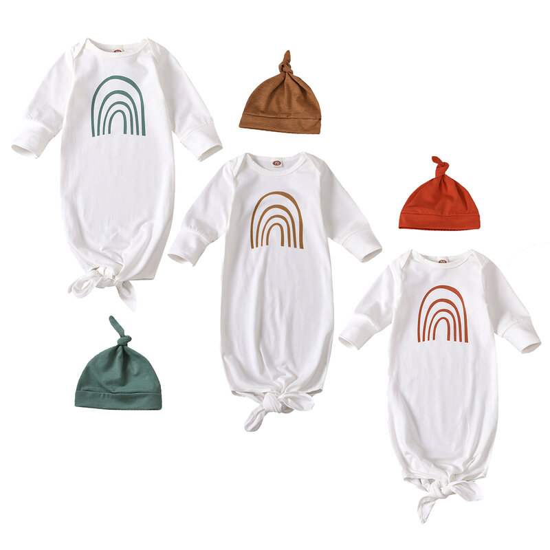 2020 Fall Spring Newborn Infant Baby Girls Boys Sleeping Bag Long Sleeve Round Collar Rainbow Printing Sleeping Sack + Hat 0-6M
