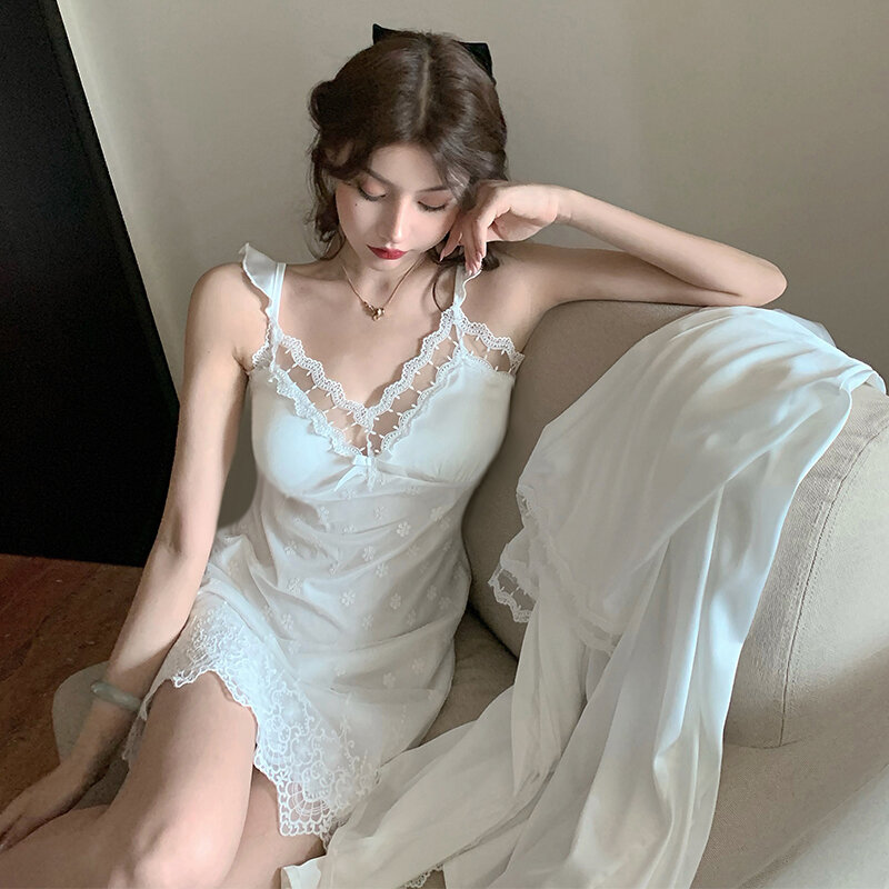 White Pajamas Suit Women Can Wear outside 2021 New Spring and Autumn Sexy with Chest Pad Nightdress Casual Home Wear Thin