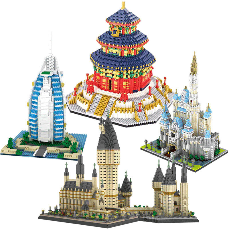 YZ – Mini blocs de construction en diamant, château de Taj Mahal, château de pise, château du loup, tour d'apprentissage, Khalifa, pont