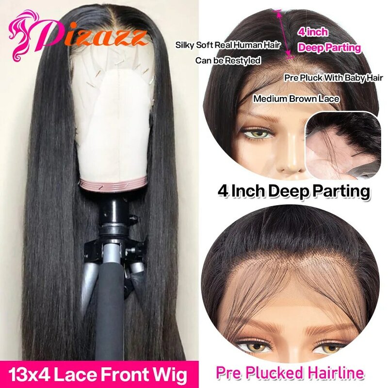 13X4 HD прозрачные кружевные передние парики из человеческих волос для женщин, предварительно выщипанные бразильские прямые волосы на сетке с...