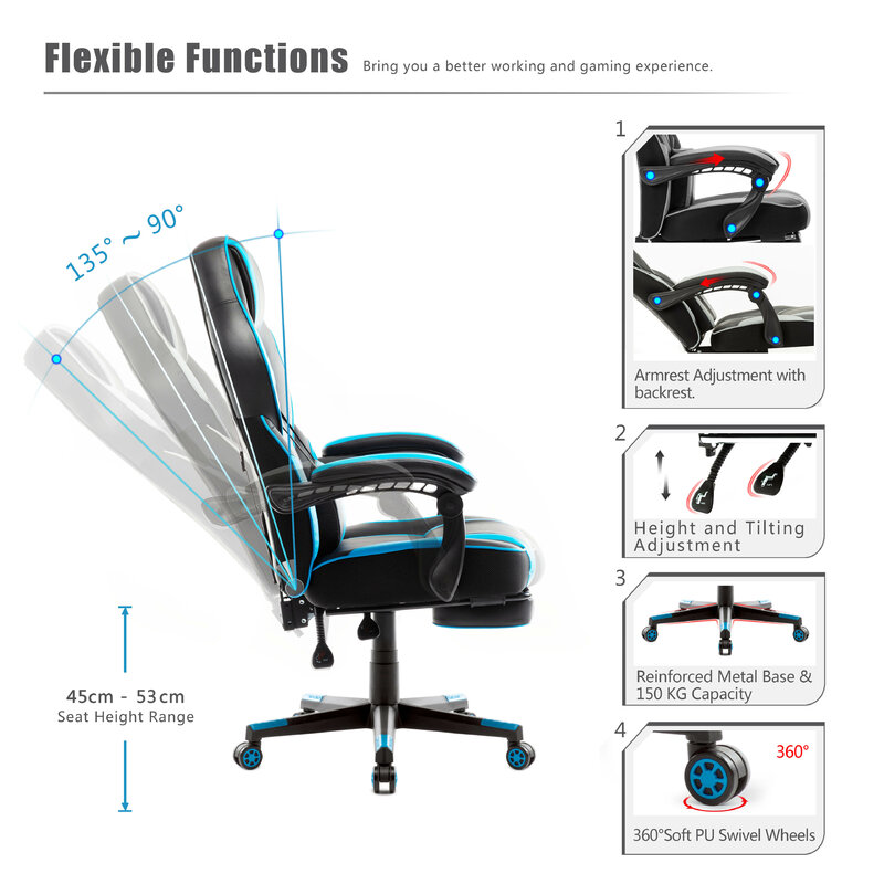 Chaise de bureau ergonomique pour gaming, avec repose-pieds pliable, coussin lombaire confortable, pour le travail
