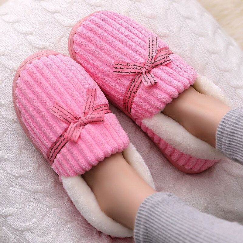 Women Winter Plush Warm Slippers Ladies Bowknot Couple Soft Shoes Female Home Indoor Flats Slipper Woman Comfort Casual Shoe