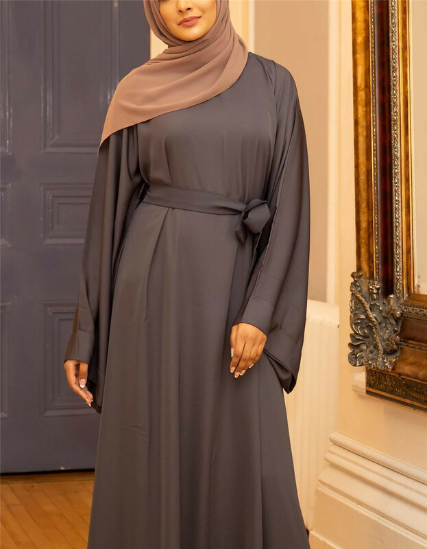 Ladies Long Dress With Belt Islamic Clothing Long Gown Robe Basic Middle Eastern Turkish Solid Color Plus Size Dubai Muslim