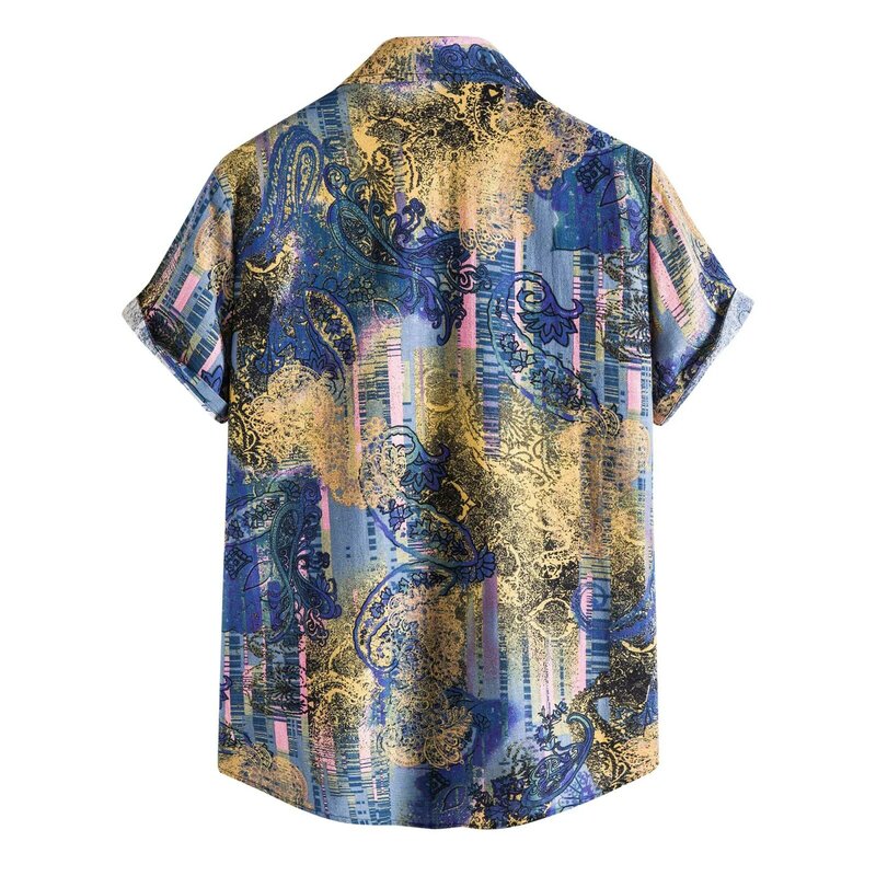 60# Hip Hop Printed Single-breasted Short Sleeve Shirt Men's Casual Hawaiian Flower Lapel T-shirt Short Sleeve Men's Shirt Top