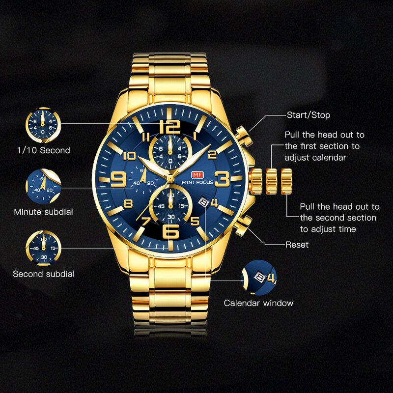 MINI FOCUS zegarki męskie luksusowy złoty zegarek Chronogragh zegarek kalendarz Pilot 1/10 drugi 3 tarcze ze stali nierdzewnej Relogio Masculino