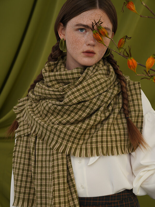 【Biutefou】 원래 디자인 2021 가을 겨울 여성 긴 숲 녹색 격자 무늬 두꺼운 따뜻한 스카프